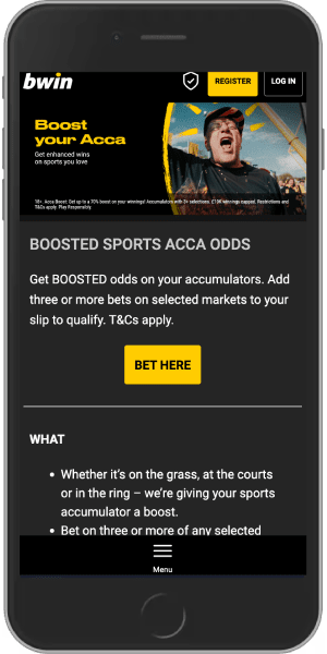 Mobile screenshot of the Bwin boosted sports acca