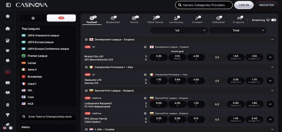 Screenshot of the casinova live betting page