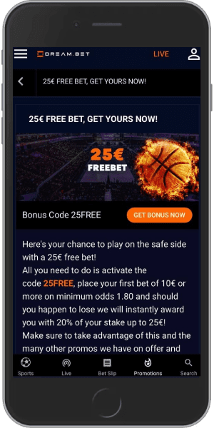 Mobile screenshot of the Dreambet 25 EUR Free Bet offer