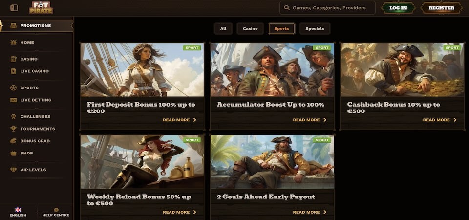 Screenshot of the Fatpirate bonuses page