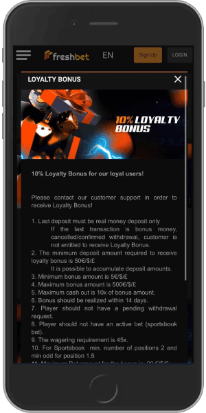 Mobile screenshot of the freshbet loyalty boost 