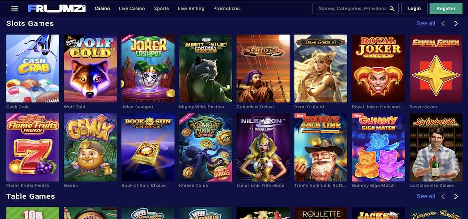 Screenshot of the Frumzi casino page