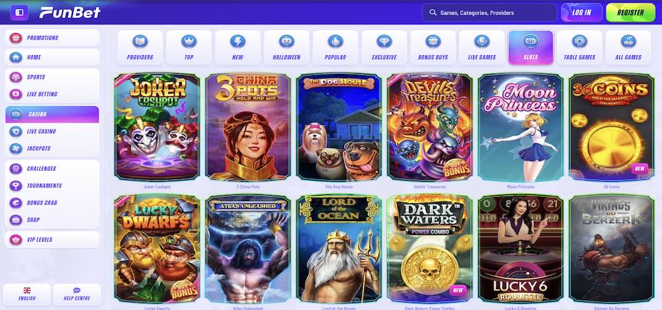 screenshot of the funbet casino page