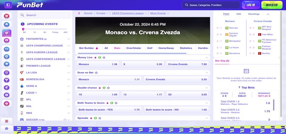 screenshot of the funbet sport page