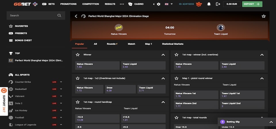 Screenshot of the ggbet sport page