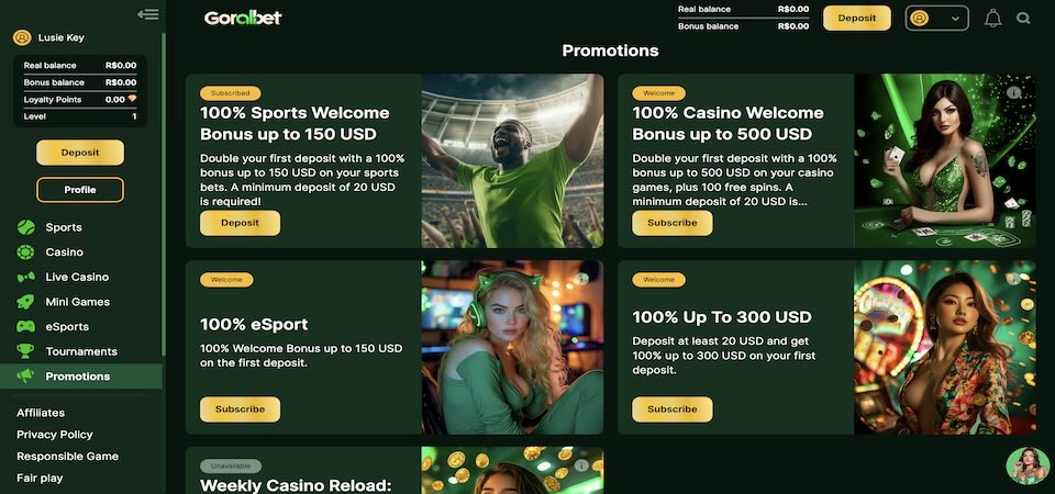 Screenshot of the Goralbet bonuses page