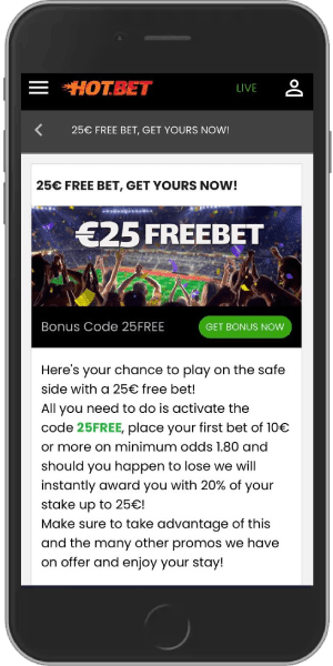 Mobile screenshot of the hot.bet Free Bet bonus