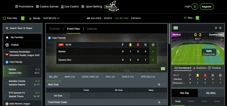 Screenshot of the Magicwin bookmaker sport page