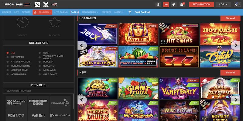 Screenshot of the megapari casino page