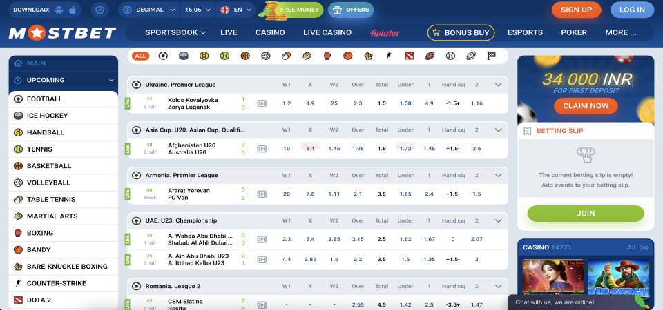 Mostbet desktop sport page screenshot