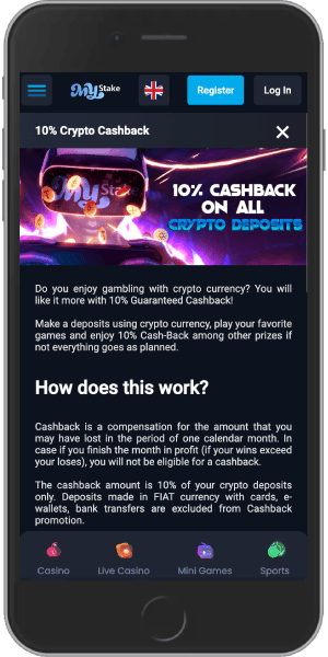 Mobile screenshot of the mystake cashback bonus