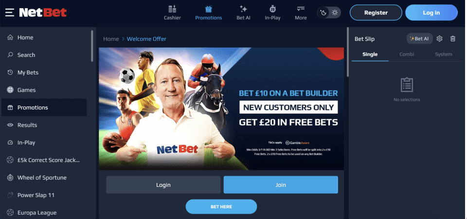 Screenshot of the Netbet bonuses page