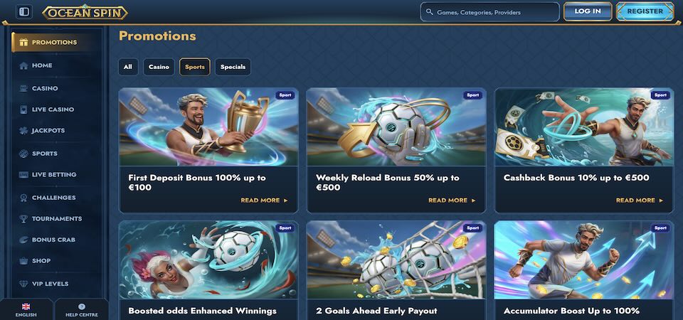 Screenshot of the Oceanspin bonuses page