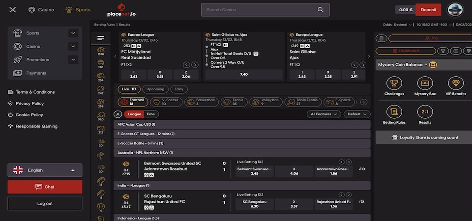 Screenshot of the PlaceBet sport page