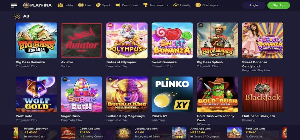 Screenshot of the playfina casino page