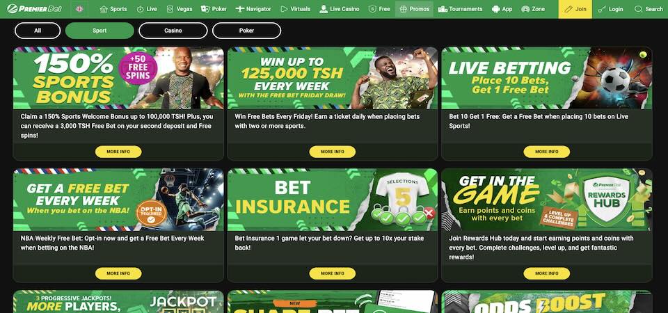 Screenshot of the Premierbet bonuses page