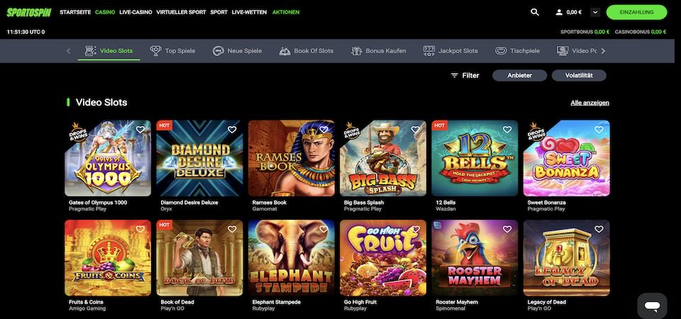 Screenshot of the SportoSpin casino page