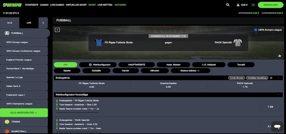 Screenshot of the SportoSpin sport page