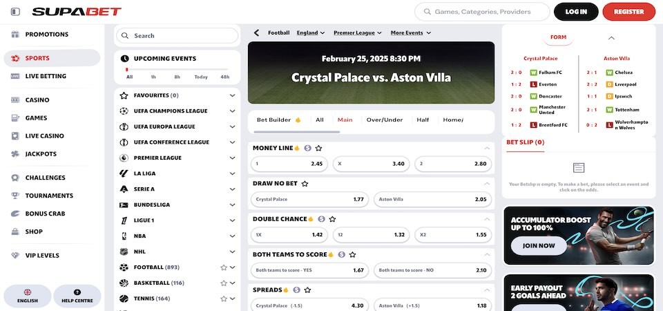 Screenshot of the Supabet sport page