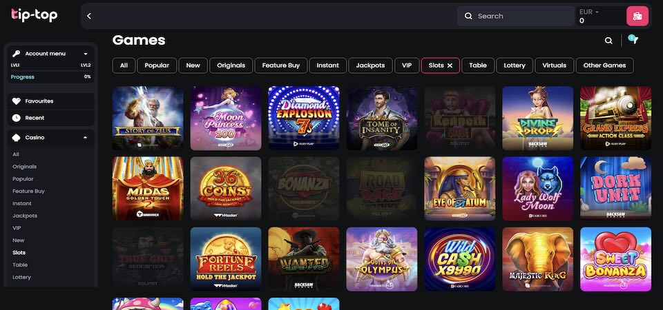 Screenshot of the Tip-top.bet casino page