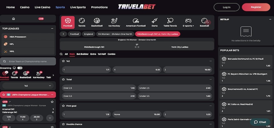 Screenshot of the trivelabet sport page