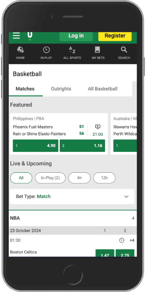 Mobile screenshot of the Unibet basketball betting page