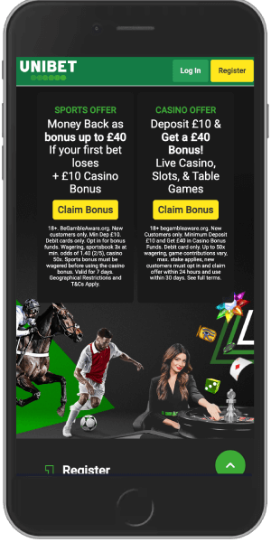 Mobile screenshot of the Unibet bonuses page