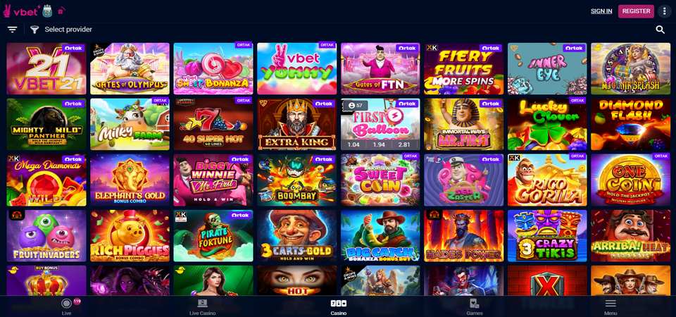 Screenshot of the Vbet casino slots page