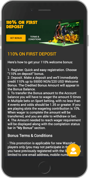 Mobile screenshot of the Wazobet 110% on first deposit bonus