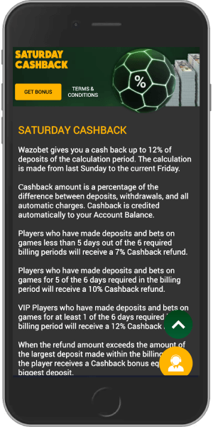 Mobile screenshot of the Wazobet deposit back bonus