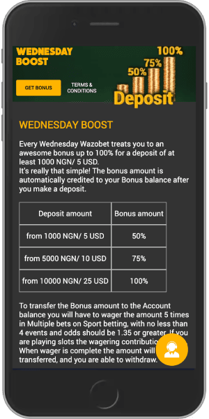 Mobile screenshot of the Wazobet Wednesday Boost bonus