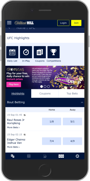 Mobile screenshot of the William Hill sports page