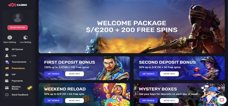 Screenshot of the woocasino bonuses page