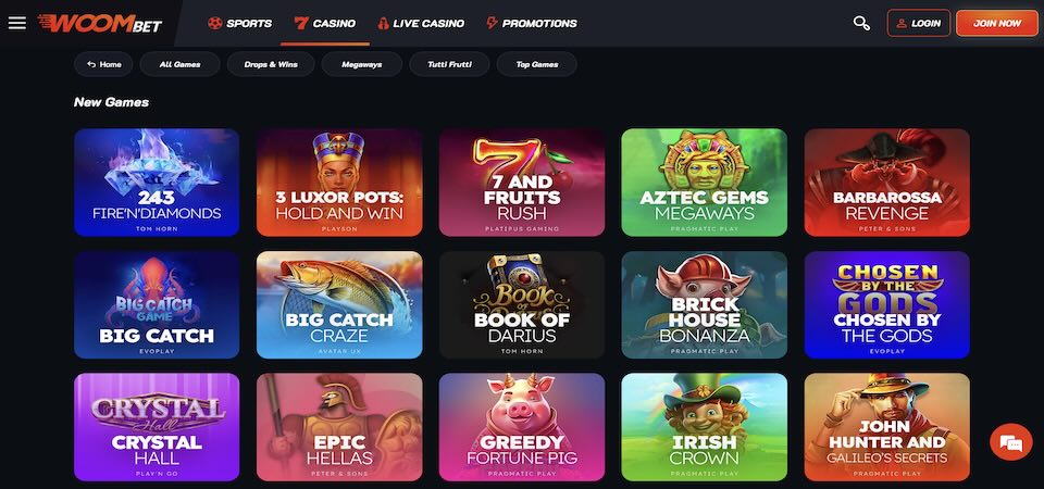 Screenshot of the Woom.bet casino page