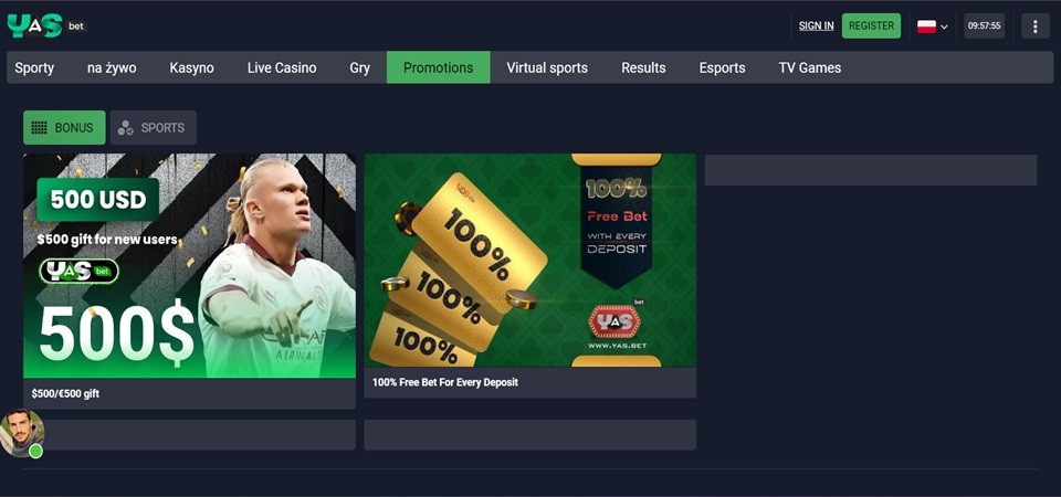 Screenshot of the Yas.bet bonuses page